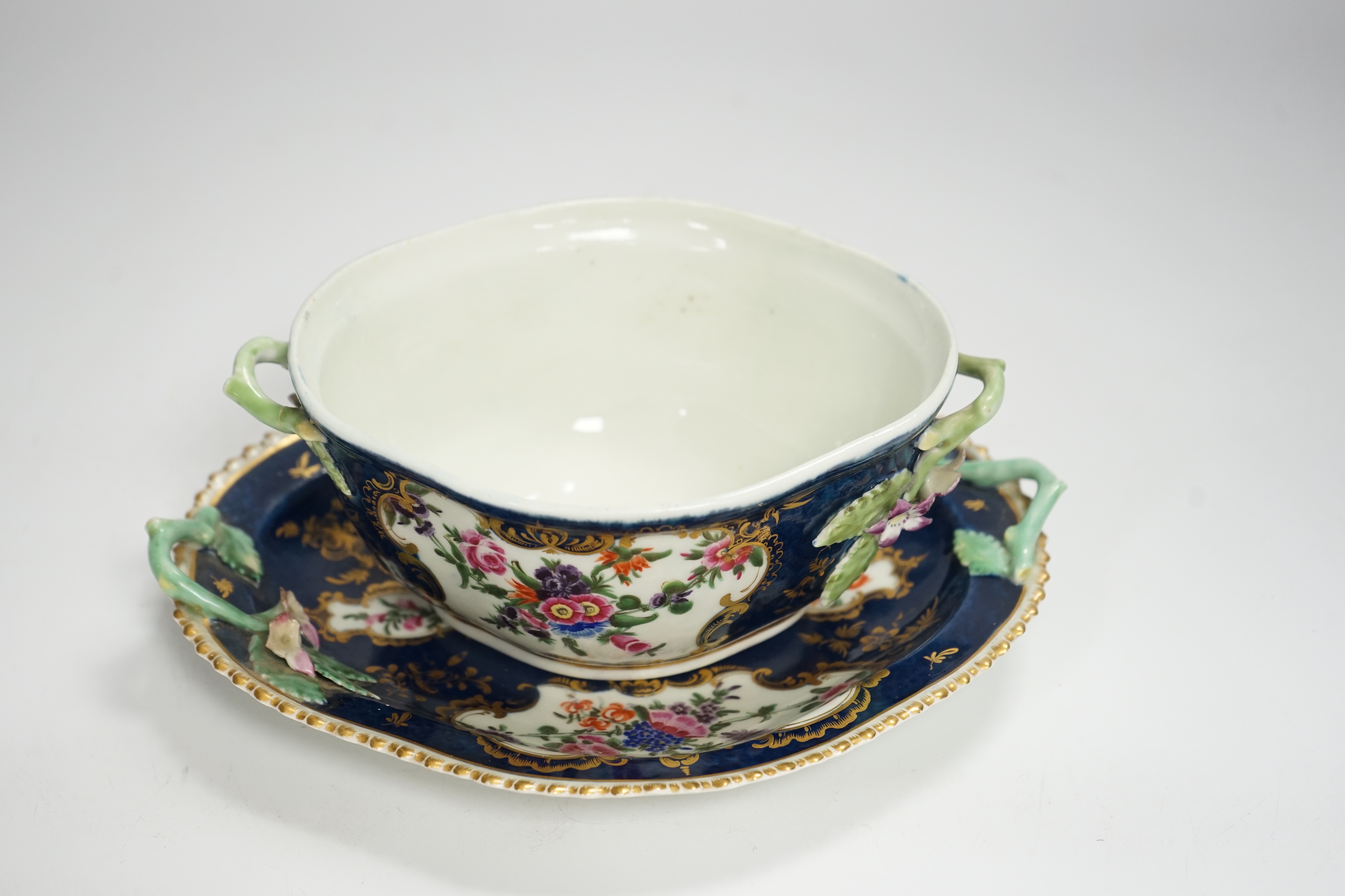 A Worcester scale blue tureen and cover on stand, c.1765-70, 21cm wide